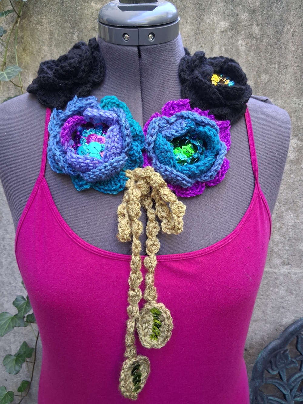 Handmade Floral Crochet Statement Necklace in Purple, Teal, Black & Gold